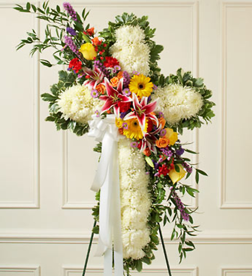 White Standing Cross with Bright Flower Break