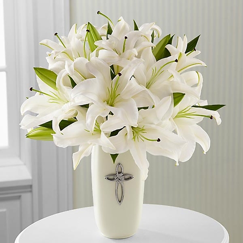 Faithful Blessings Bouquet -Only in Clear Vase with silver Cross